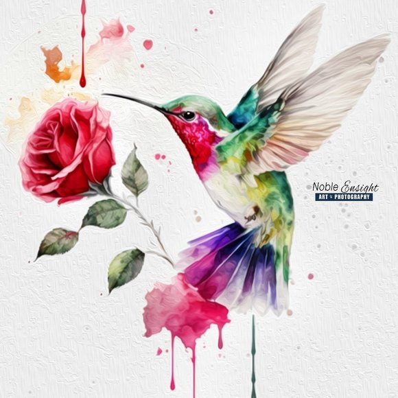 NobleCaptures Other - Hummingbird Rose Watercolor Oil Painting Art Print